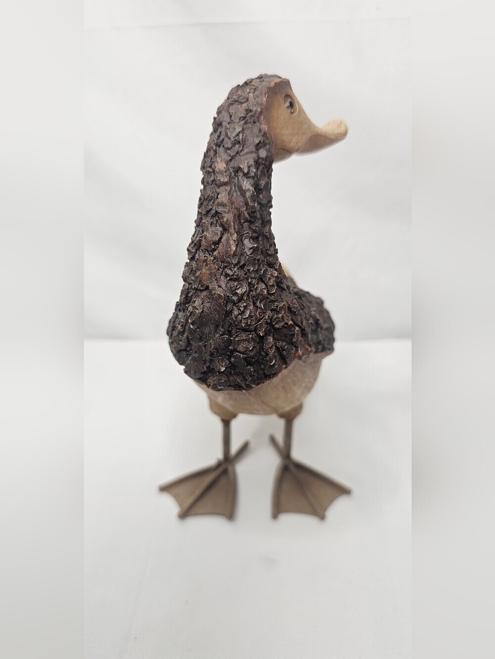 Rustic Faux Wood Resin Duck Figurine Metal Feet Bark Texture Cabin Decor 8" - Picture 2 of 7
